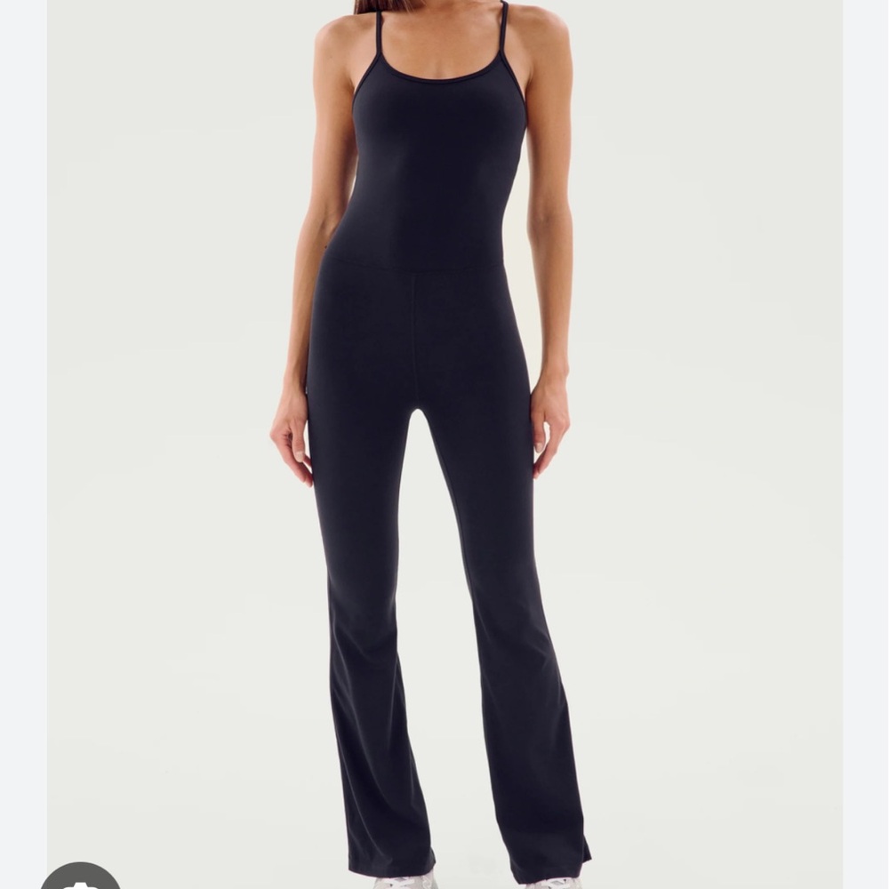 Splits59 Black Athletic Jumpsuit with Spaghetti Straps